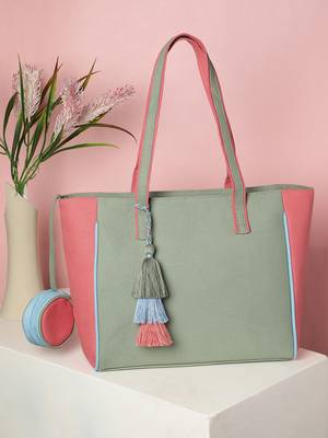 Hue Sage Green & Pastel Multi Cotton Canvas Colourblocked Tote Bag 1