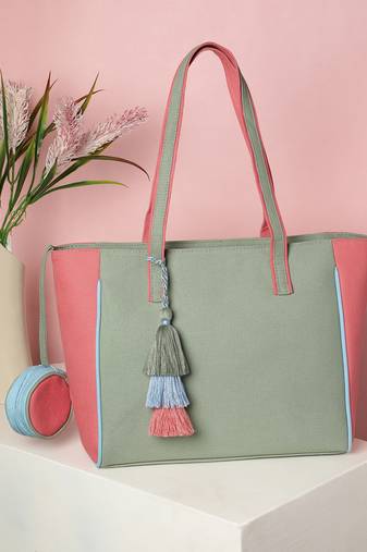 hue sage green & pastel multi cotton canvas colourblocked tote bag