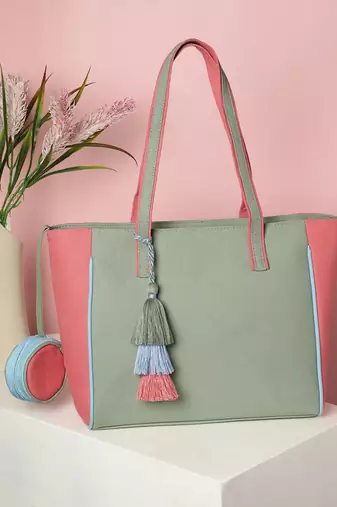 Anekaant Hue Sage Green & Pastel Multi Cotton Canvas Colourblocked Tote Bag