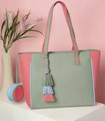 Hue Sage Green & Pastel Multi Cotton Canvas Colourblocked Tote Bag