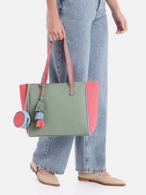 Hue Sage Green & Pastel Multi Cotton Canvas Colourblocked Tote Bag 2