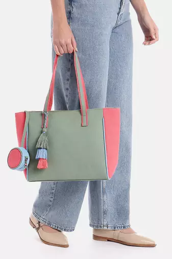 Hue Sage Green & Pastel Multi Cotton Canvas Colourblocked Tote Bag
