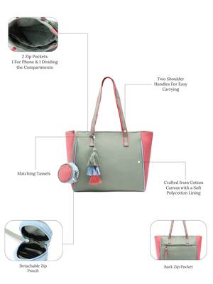 Hue Sage Green & Pastel Multi Cotton Canvas Colourblocked Tote Bag 3