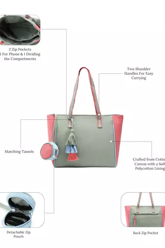 Hue Sage Green & Pastel Multi Cotton Canvas Colourblocked Tote Bag