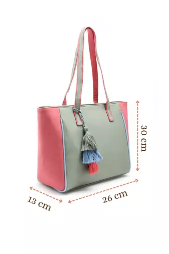 Hue Sage Green & Pastel Multi Cotton Canvas Colourblocked Tote Bag
