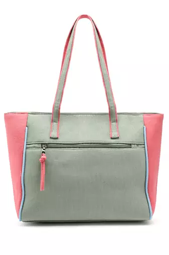 Hue Sage Green & Pastel Multi Cotton Canvas Colourblocked Tote Bag