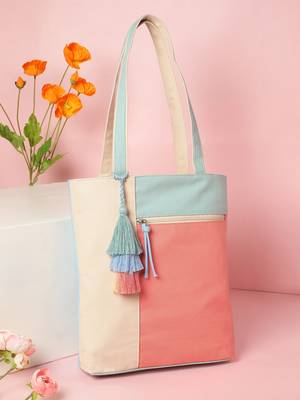 Hue Coral & Pastel Multi Cotton Canvas Colourblocked Shoulder Bag 1
