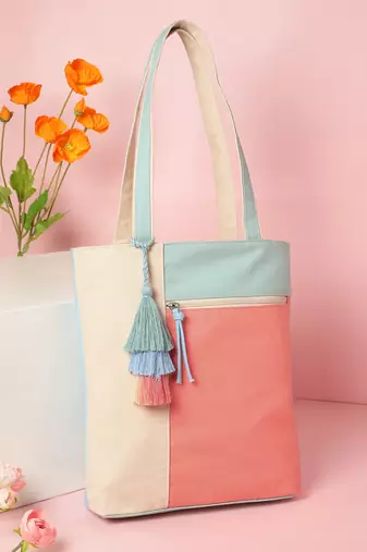 Anekaant Hue Coral & Pastel Multi Cotton Canvas Colourblocked Shoulder Bag