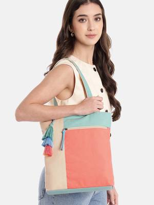 Hue Coral & Pastel Multi Cotton Canvas Colourblocked Shoulder Bag 2