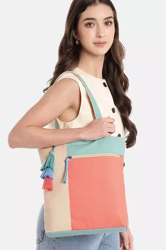 Hue Coral & Pastel Multi Cotton Canvas Colourblocked Shoulder Bag
