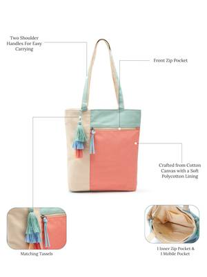 Hue Coral & Pastel Multi Cotton Canvas Colourblocked Shoulder Bag 3