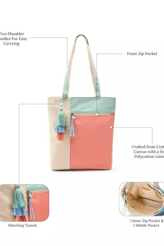 Hue Coral & Pastel Multi Cotton Canvas Colourblocked Shoulder Bag