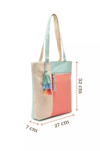 Hue Coral & Pastel Multi Cotton Canvas Colourblocked Shoulder Bag