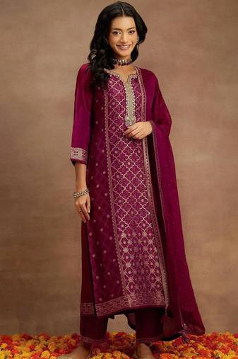 Jaquard Silk Embroidery Sequence Work Kurta Pant Set with Dupatta