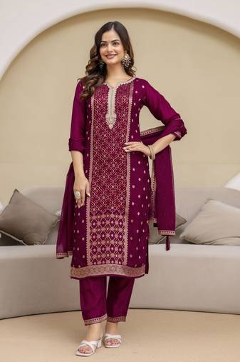 Jaquard Silk Embroidery Sequence Work Kurta Pant Set with Dupatta