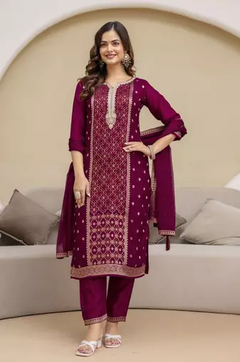 Jaquard Silk Embroidery Sequence Work Kurta Pant Set with Dupatta