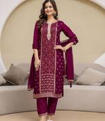 Trendmalls Jaquard Silk Embroidery Sequence Work Kurta Pant Set with Dupatta