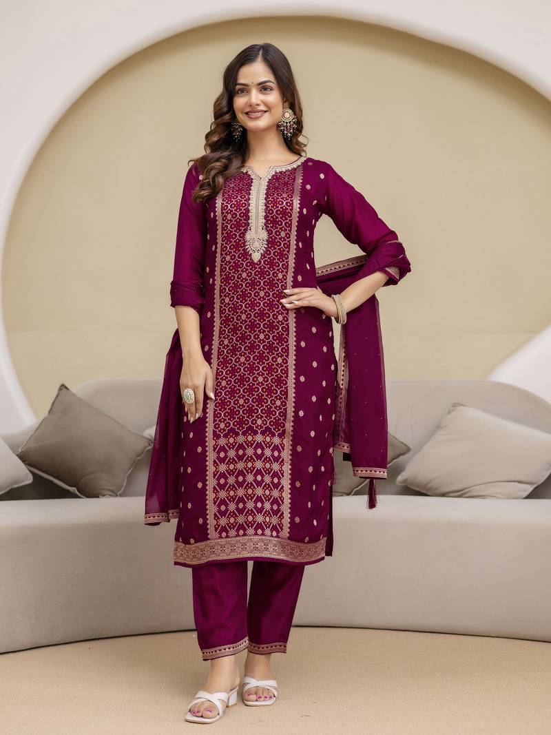 Jaquard Silk Embroidery Sequence Work Kurta Pant Set with Dupatta