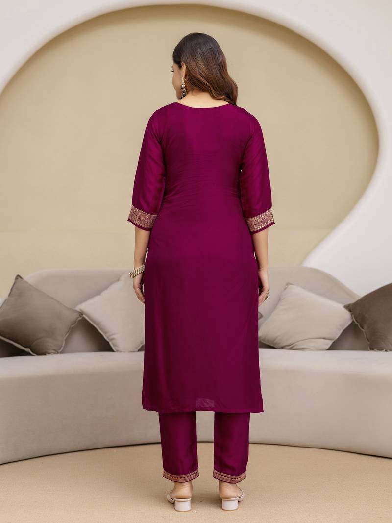 Jaquard Silk Embroidery Sequence Work Kurta Pant Set with Dupatta