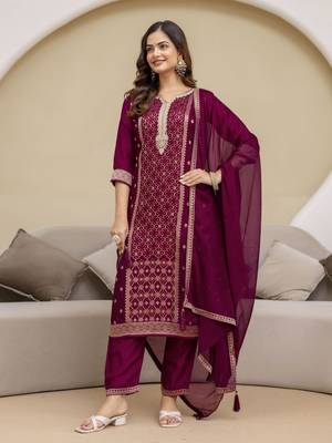 Jaquard Silk Embroidery Sequence Work Kurta Pant Set with Dupatta 3