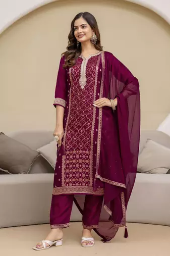 Trendmalls Jaquard Silk Embroidery Sequence Work Kurta Pant Set with Dupatta