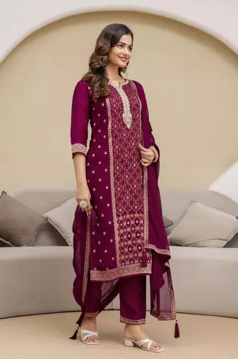 Trendmalls Jaquard Silk Embroidery Sequence Work Kurta Pant Set with Dupatta