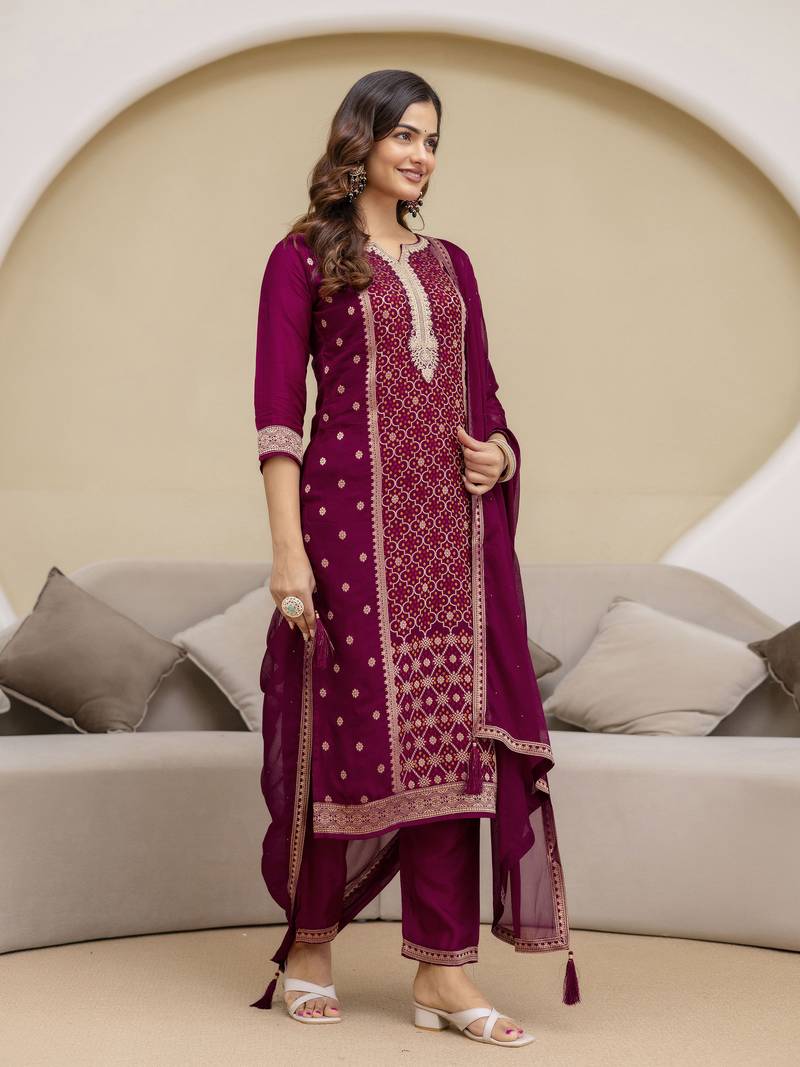 Jaquard Silk Embroidery Sequence Work Kurta Pant Set with Dupatta