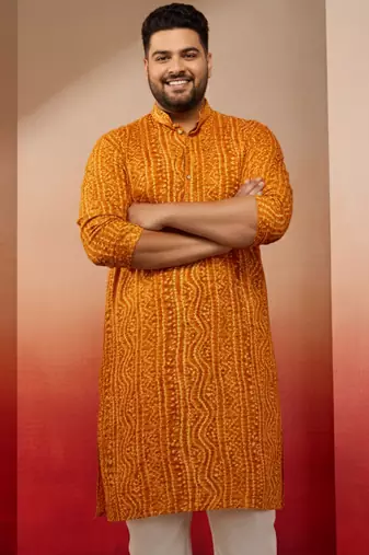 Vastramay men's mustard bandhani kurta - foil print traditional festive