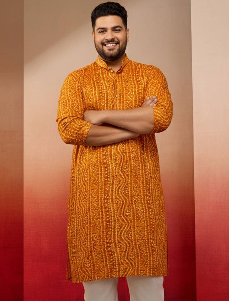 men's mustard bandhani kurta - foil print traditional festive