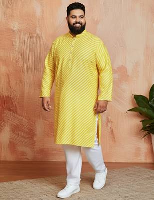 yellow printed kurta with cream pyjama - casual festive set 1