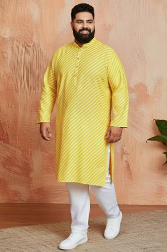 Vastramay men's yellow printed kurta with cream pyjama - casual festive set