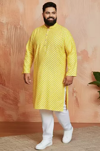 men's yellow printed kurta with cream pyjama - casual festive set