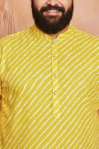 yellow printed kurta with cream pyjama - casual festive set