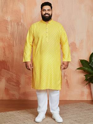yellow printed kurta with cream pyjama - casual festive set 3