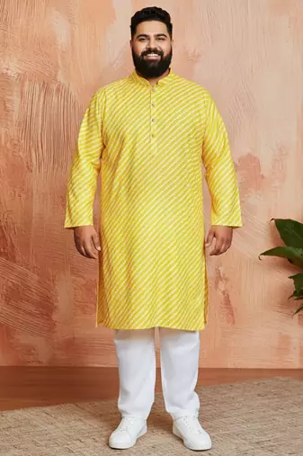 yellow printed kurta with cream pyjama - casual festive set