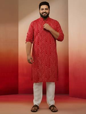 red bandhani print kurta with cream pyjama - festive ethnic set 1