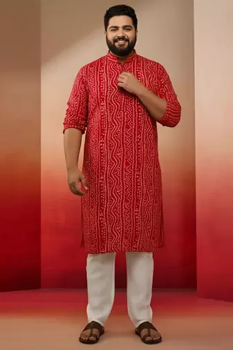 men's red bandhani print kurta with cream pyjama - festive ethnic set