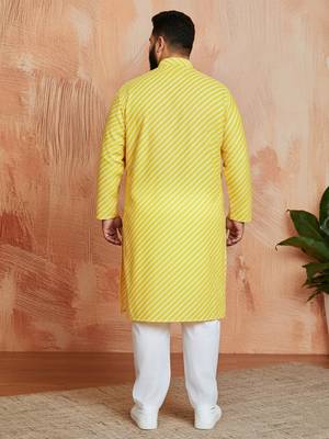 yellow printed kurta with cream pyjama - casual festive set 4