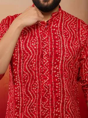 red bandhani print kurta with cream pyjama - festive ethnic set 2