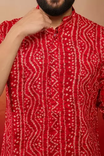 red bandhani print kurta with cream pyjama - festive ethnic set