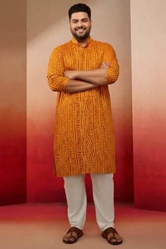 men's mustard bandhani print kurta with cream pyjama - traditional set