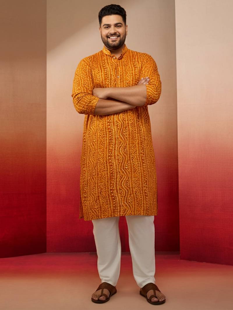 men's mustard bandhani print kurta with cream pyjama - traditional set