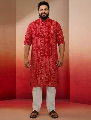 red bandhani print kurta with cream pyjama - festive ethnic set 3