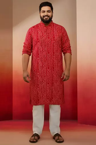 red bandhani print kurta with cream pyjama - festive ethnic set