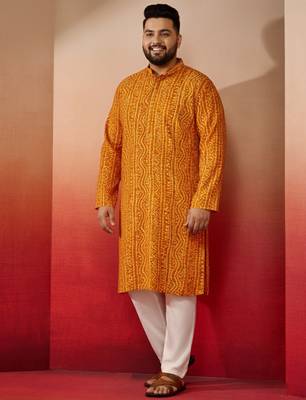 mustard bandhani print kurta with cream pyjama - traditional set 3