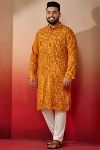 mustard bandhani print kurta with cream pyjama - traditional set
