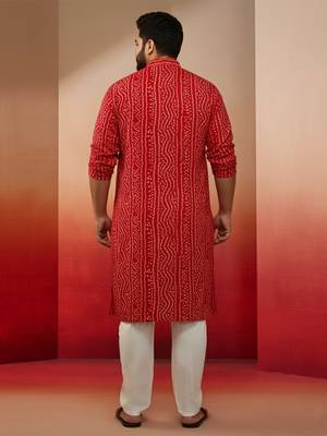 red bandhani print kurta with cream pyjama - festive ethnic set 4