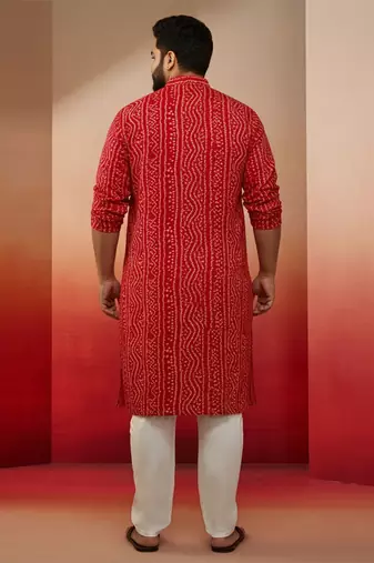 red bandhani print kurta with cream pyjama - festive ethnic set
