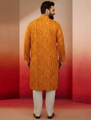 mustard bandhani print kurta with cream pyjama - traditional set 4