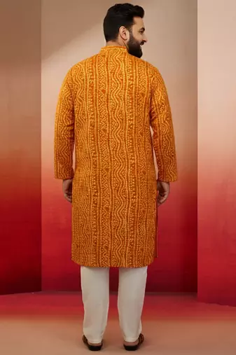 mustard bandhani print kurta with cream pyjama - traditional set
